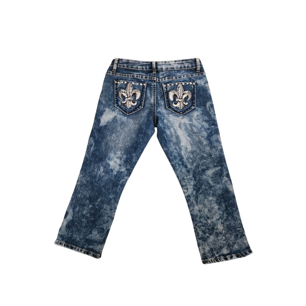 rue21 Curvy Crops Acid Wash Blue Jeans Fleur De Lis Sequin Studded Size‎ 5/6